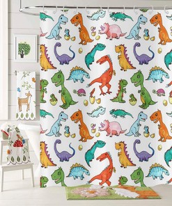 Boys Multicolor Dinosaur Dino Eggs Printed Shower Curtain For Bathroom 