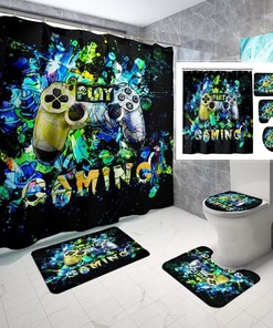 Boys Video Gamer Bathroom Shower Curtain Set with Rug, Toilet Cover and U Shaped Mat Gamepad Theme Decor 