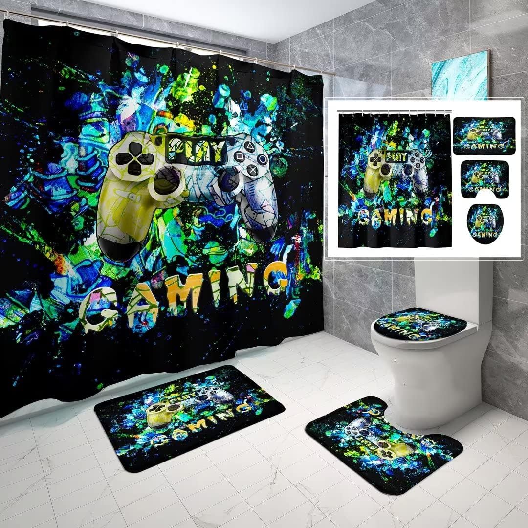 Boys Video Gamer Bathroom Shower Curtain Set with Rug, Toilet Cover and U Shaped Mat Gamepad Theme Decor
