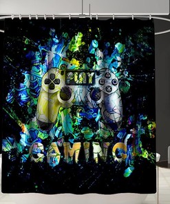 Boys Video Gamer Bathroom Shower Curtain Set with Rug, Toilet Cover and U Shaped Mat Gamepad Theme Decor