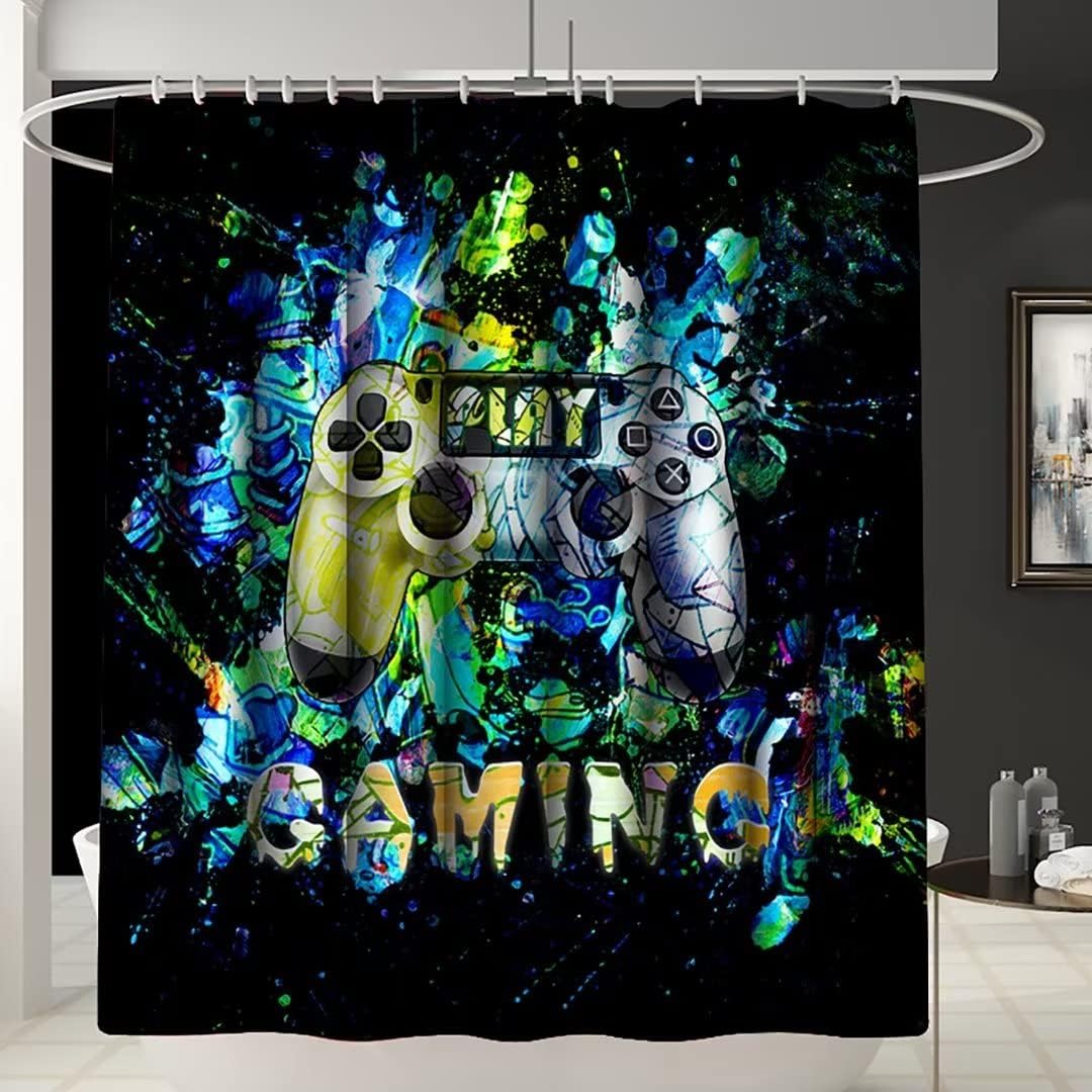 Boys Video Gamer Bathroom Shower Curtain Set with Rug, Toilet Cover and U Shaped Mat Gamepad Theme Decor