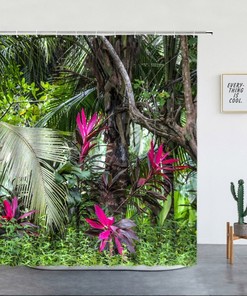 Breathtaking Rainforest Plants Garden Shower Curtain with 3D Scenic Outdoor Fence for Your Bathroom