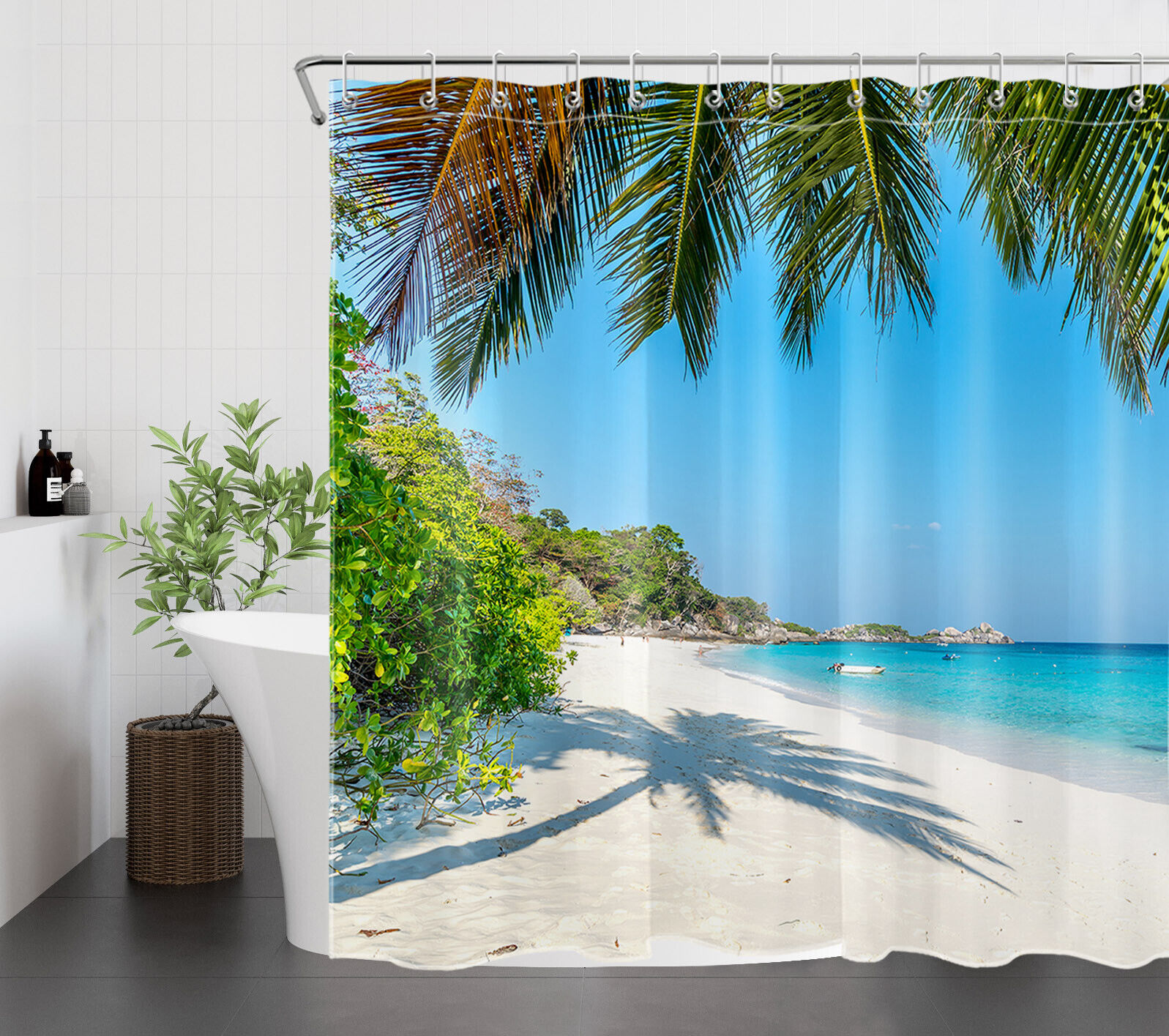 Breathtaking Tropical Beach Scenery Shower Curtain with Nature Scenery for a Perfect Bathroom Decor