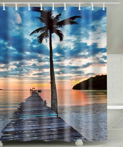 Bridge Beach Palm Theme Shower Curtain - Waterproof Fabric Tropical Curtain for Bathroom