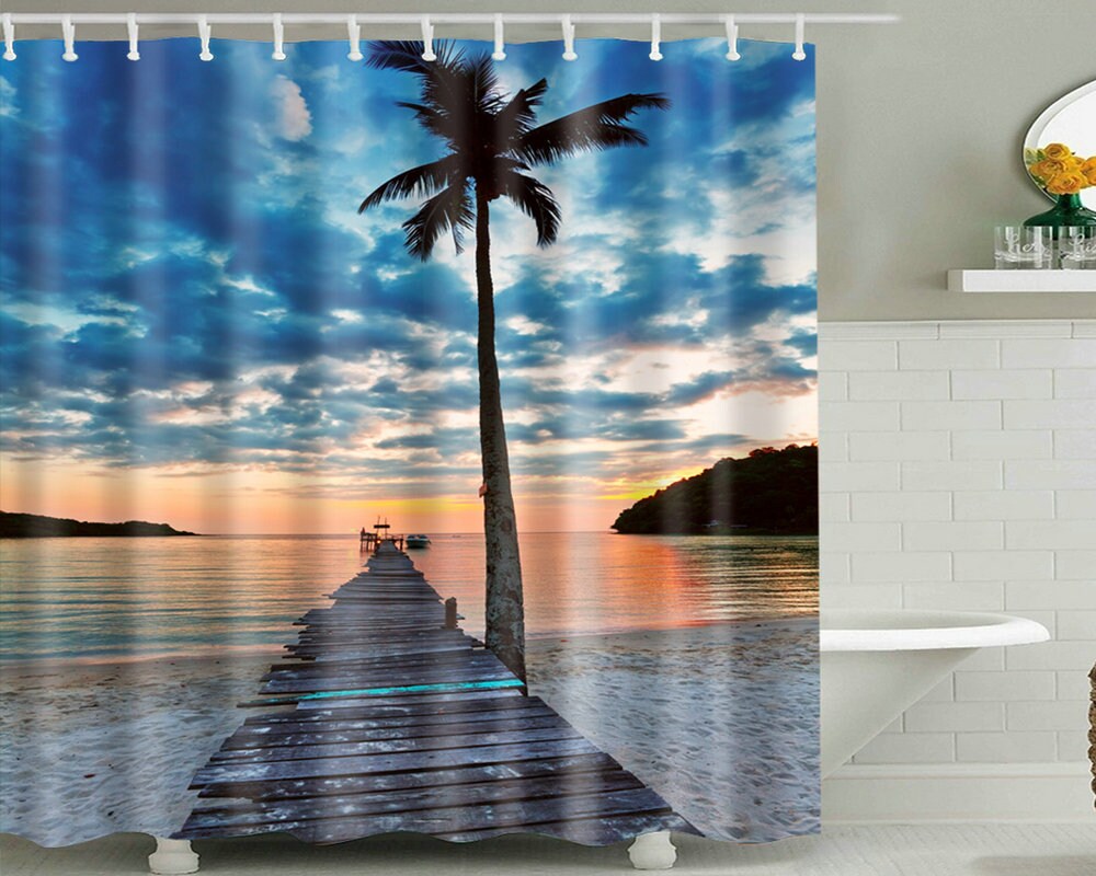 Bridge Beach Palm Theme Shower Curtain - Waterproof Fabric Tropical Curtain for Bathroom