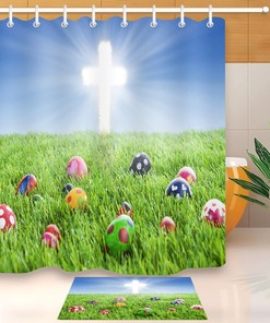 Bright And Colorful Easter Eggs With Green Grass Fabric Shower Curtain, Festive Bathroom Decor