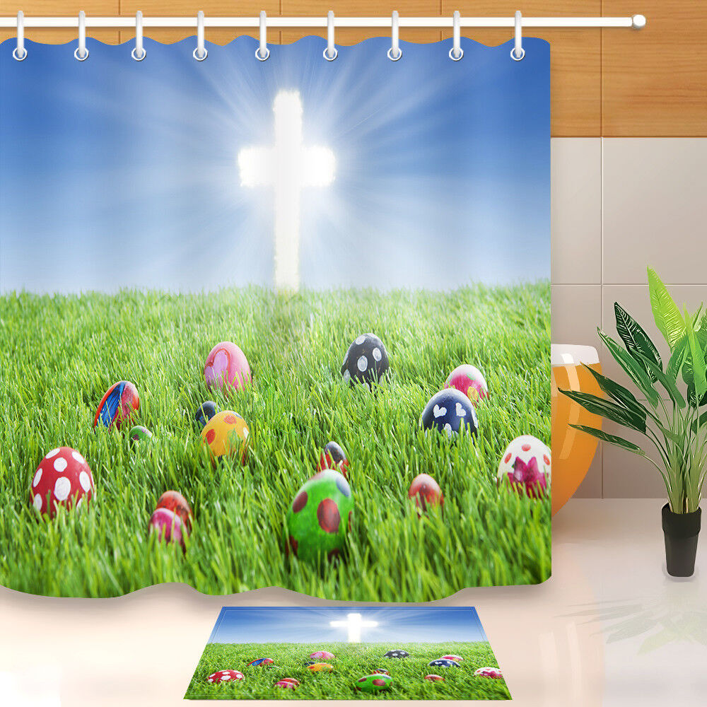 Bright And Colorful Easter Eggs With Green Grass Fabric Shower Curtain, Festive Bathroom Decor