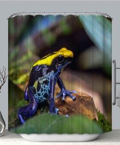 Bright Blue Brazilian Poison Dart Frog Shower Curtain With Tropical Print For Playful Bathroom Decor
