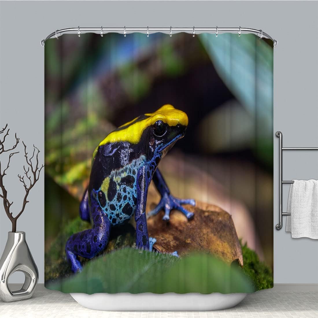 Bright Blue Brazilian Poison Dart Frog Shower Curtain With Tropical Print For Playful Bathroom Decor