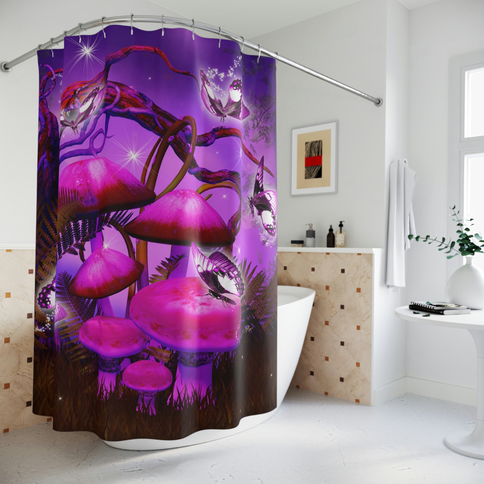 Bright Minimalist Shower Curtain With Mushroom Hippy Decor - Image 3