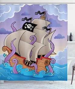Bright Pirate Cartoon Octopus Kraken Flag Print Shower Curtain for Kids and Teens
