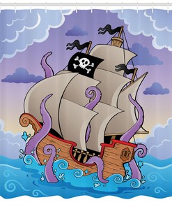 Bright Pirate Cartoon Octopus Kraken Flag Print Shower Curtain for Kids and Teens