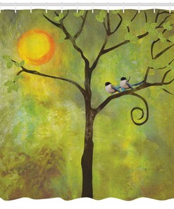 Bright Sun Sky Scene Fall Tree Bluebird Couple Painting Art Shower Curtain - Scenic Bathroom Decor