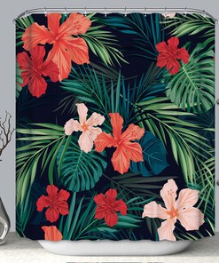 Bright Tropical Flower Print Shower Curtain for a Cheerful Bathroom