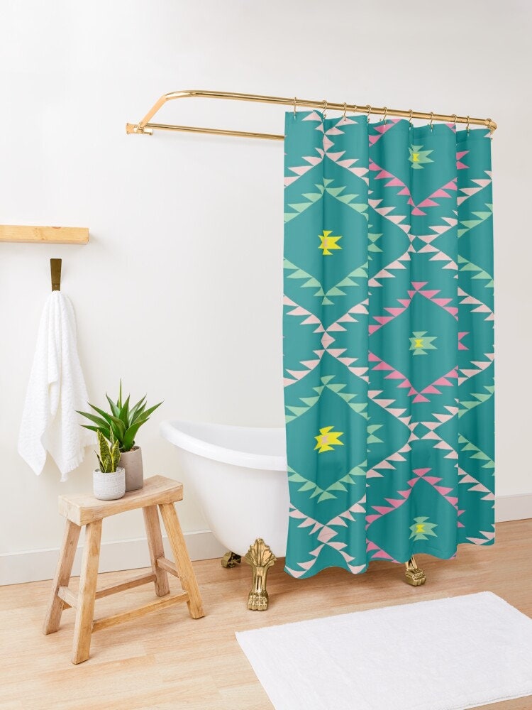 Bright Turquoise Pink Teal Shower Curtains Decorative - Southwestern Geometric Design