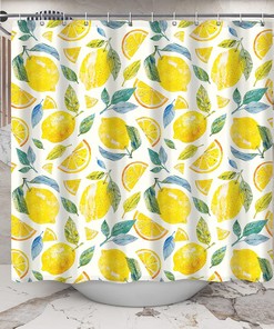 Bright Watercolor Lemon Shower Curtain With Cute Fruit Print, Bathroom Decor