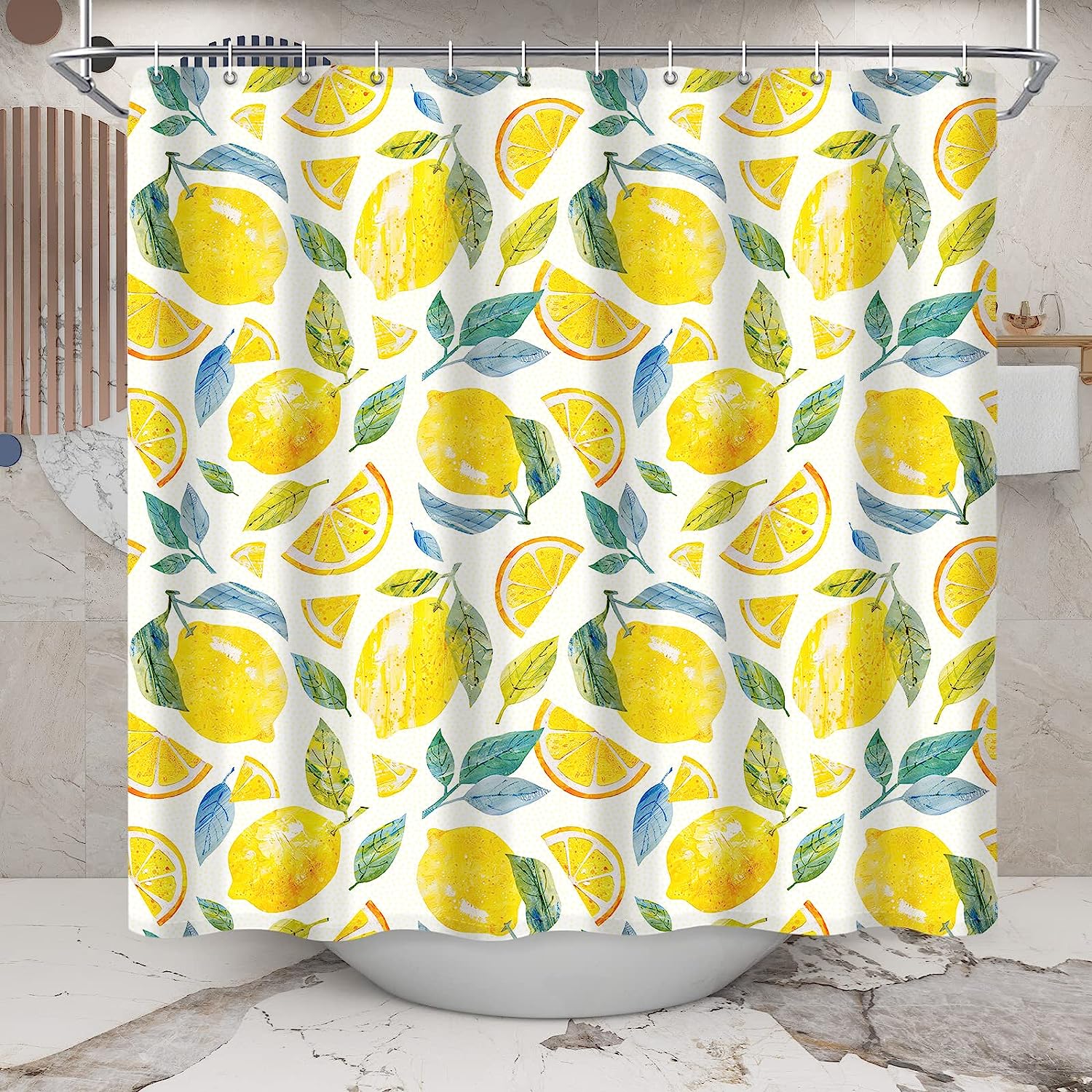 Bright Watercolor Lemon Shower Curtain With Cute Fruit Print, Bathroom Decor