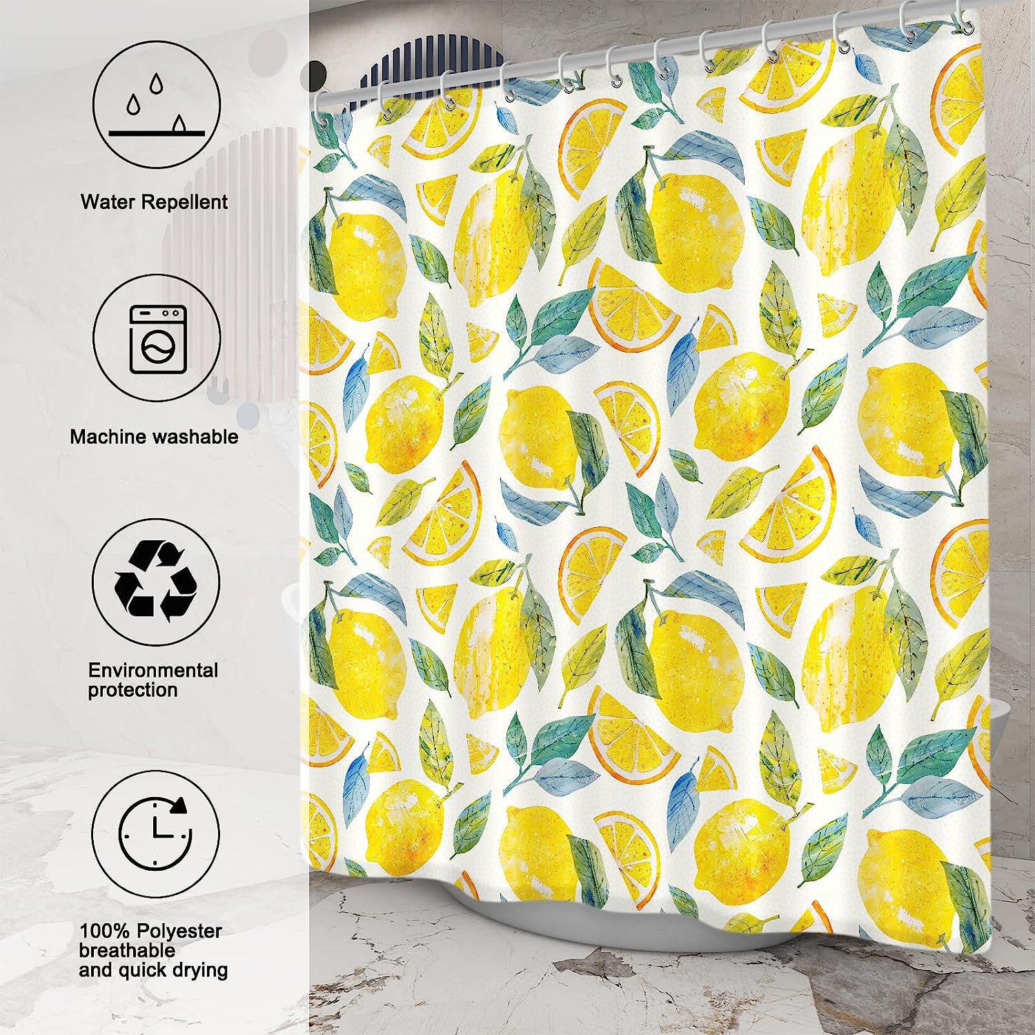 Bright Watercolor Lemon Shower Curtain With Cute Fruit Print, Bathroom Decor