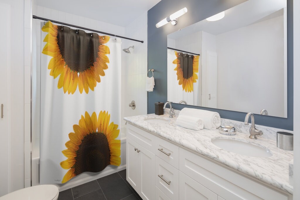 Bright and Bold Sunflowers Shower Curtain for Bathroom Decor by MobiusMoon