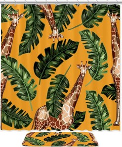 Bright and Cheerful Giraffe Pattern Yellow Shower Curtain with Tropical Plants for Children's Bathroom