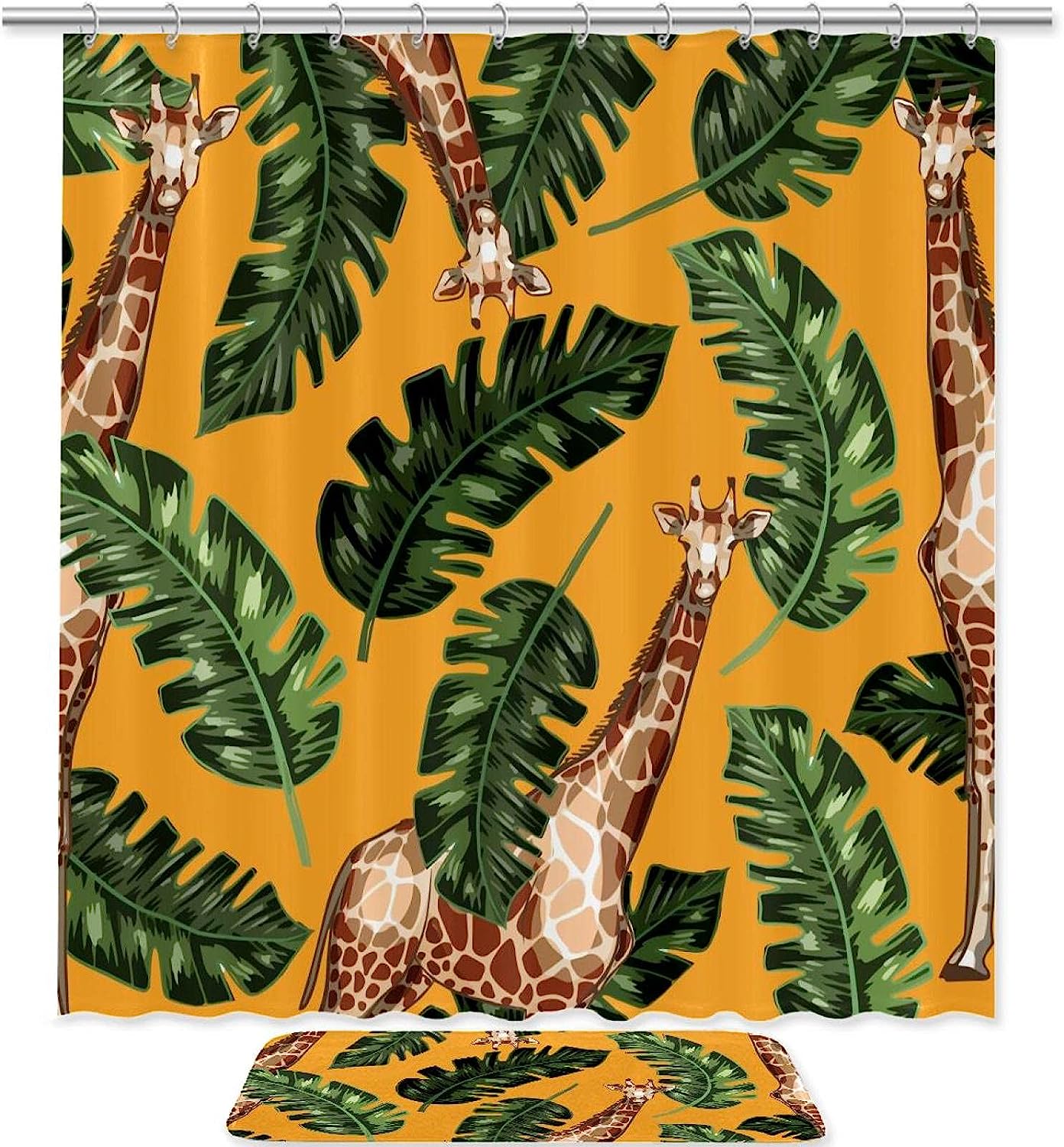 Bright and Cheerful Giraffe Pattern Yellow Shower Curtain with Tropical Plants for Children's Bathroom