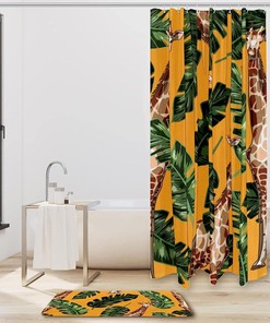Bright and Cheerful Giraffe Pattern Yellow Shower Curtain with Tropical Plants for Children's Bathroom