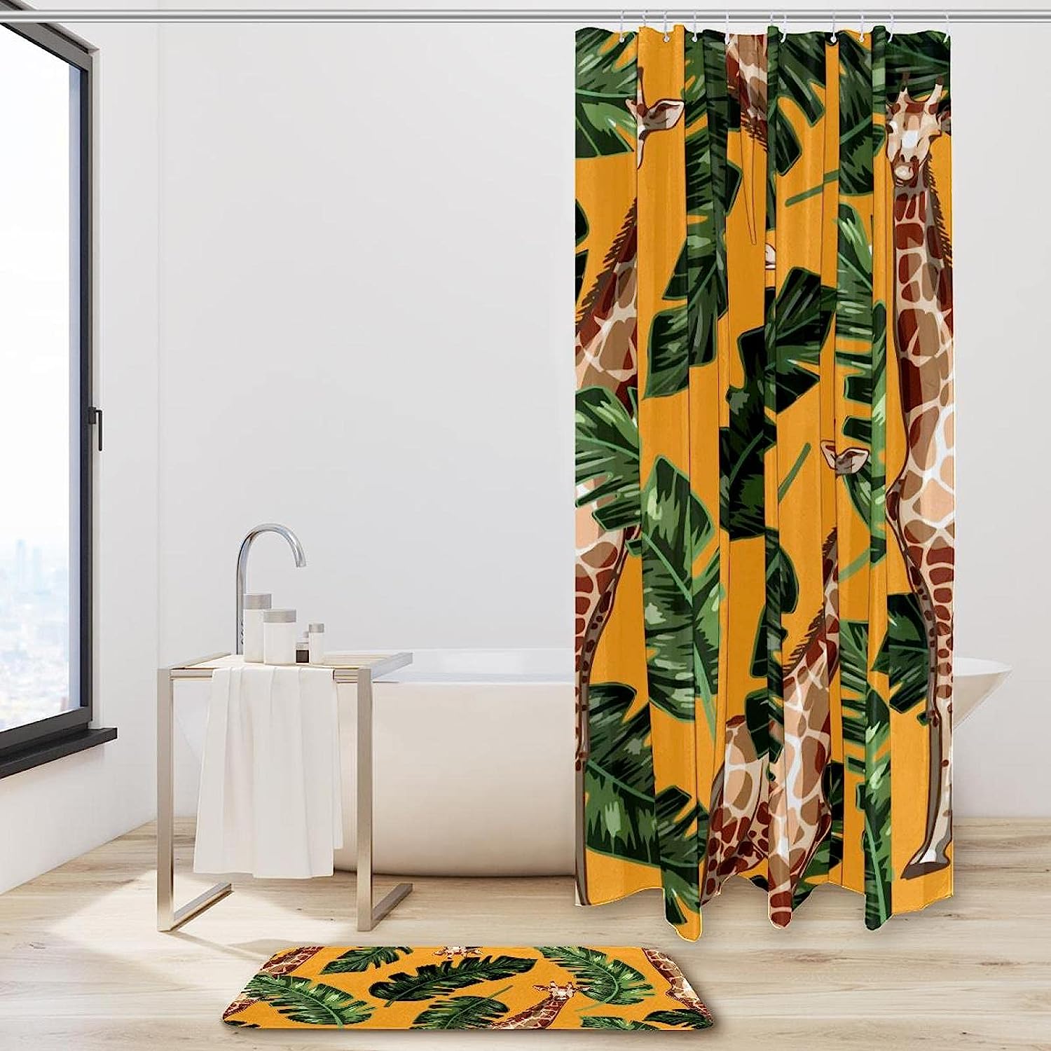 Bright and Cheerful Giraffe Pattern Yellow Shower Curtain with Tropical Plants for Children's Bathroom