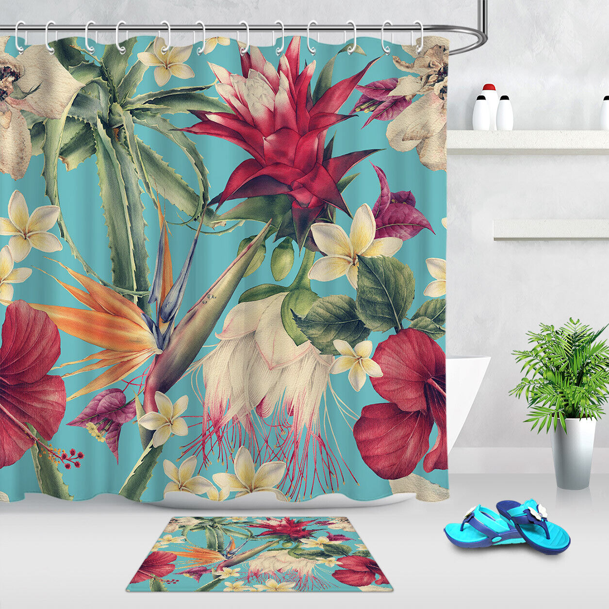 Brighten Up Your Bathroom with Watercolor Floral Pattern with Tropical Flower Shower Curtain