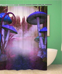Brightly Colored Magic Mushroom Shower Curtain with Abstract Blue Design - Waterproof Fabric Bathroom Decor
