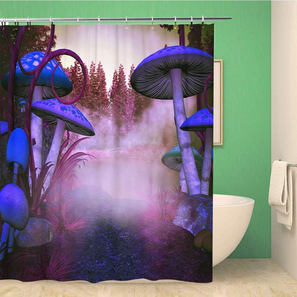 Brightly Colored Magic Mushroom Shower Curtain with Abstract Blue Design - Waterproof Fabric Bathroom Decor