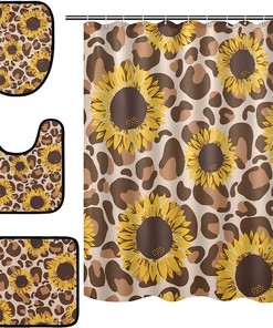 Bring A Sunny Vibe To Your Bathroom With Alaza Sunflowers Leopard Spot Shower Curtain And Mat Set.