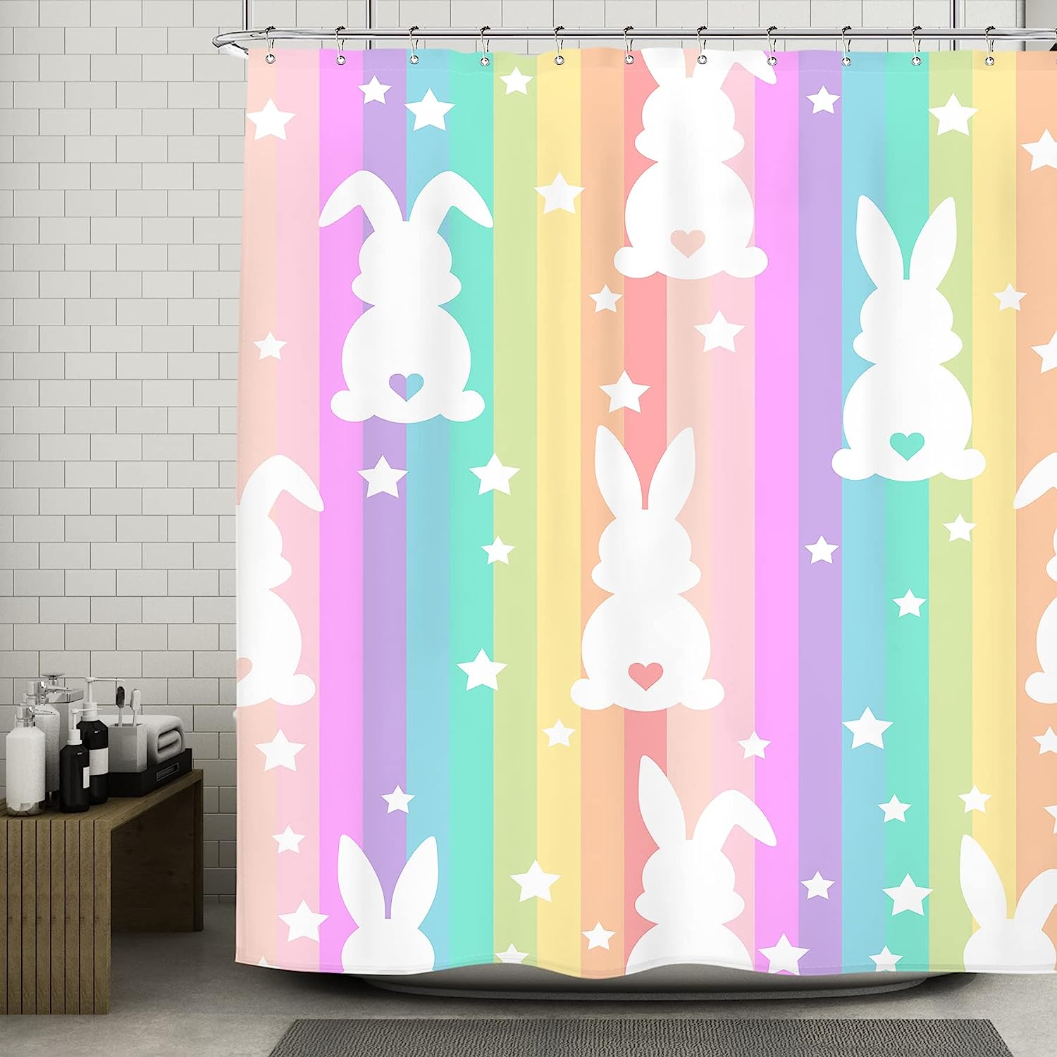 Bring Colorful Fun into Your Little One's Bathroom with Rainbow Bunny Shower Curtain for Easter Decor