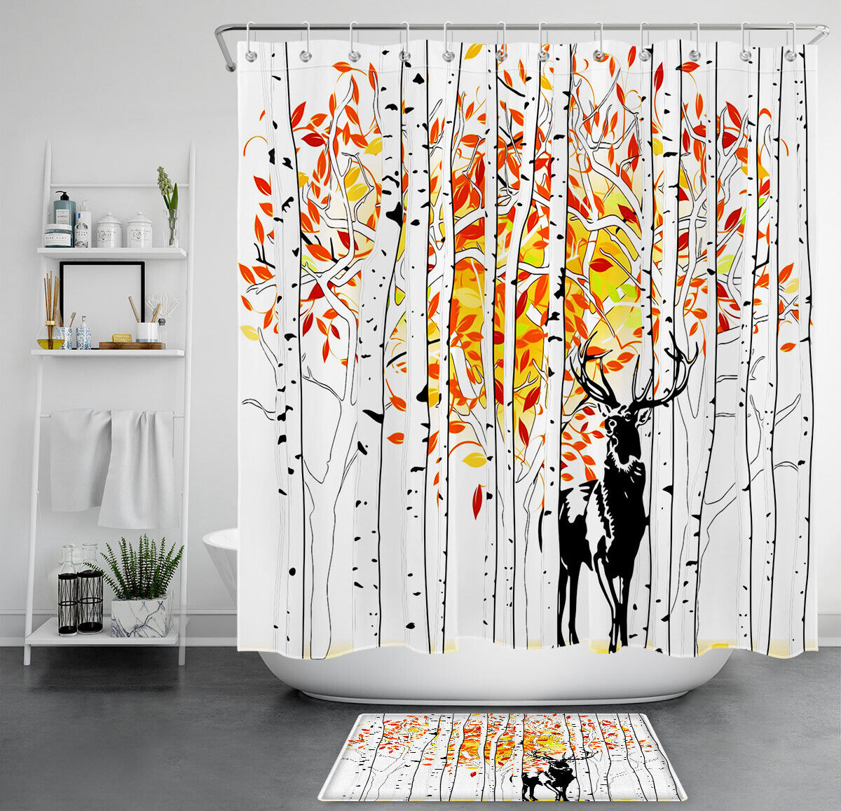 Bring Nature Indoors with Watercolor Elk Deer Autumn Forest Red Leaf Shower Curtain