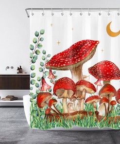 Bring Nature's Charm to Your Bathroom with Watercolor Eucalyptus Leaf Red Mushroom Shower Curtain