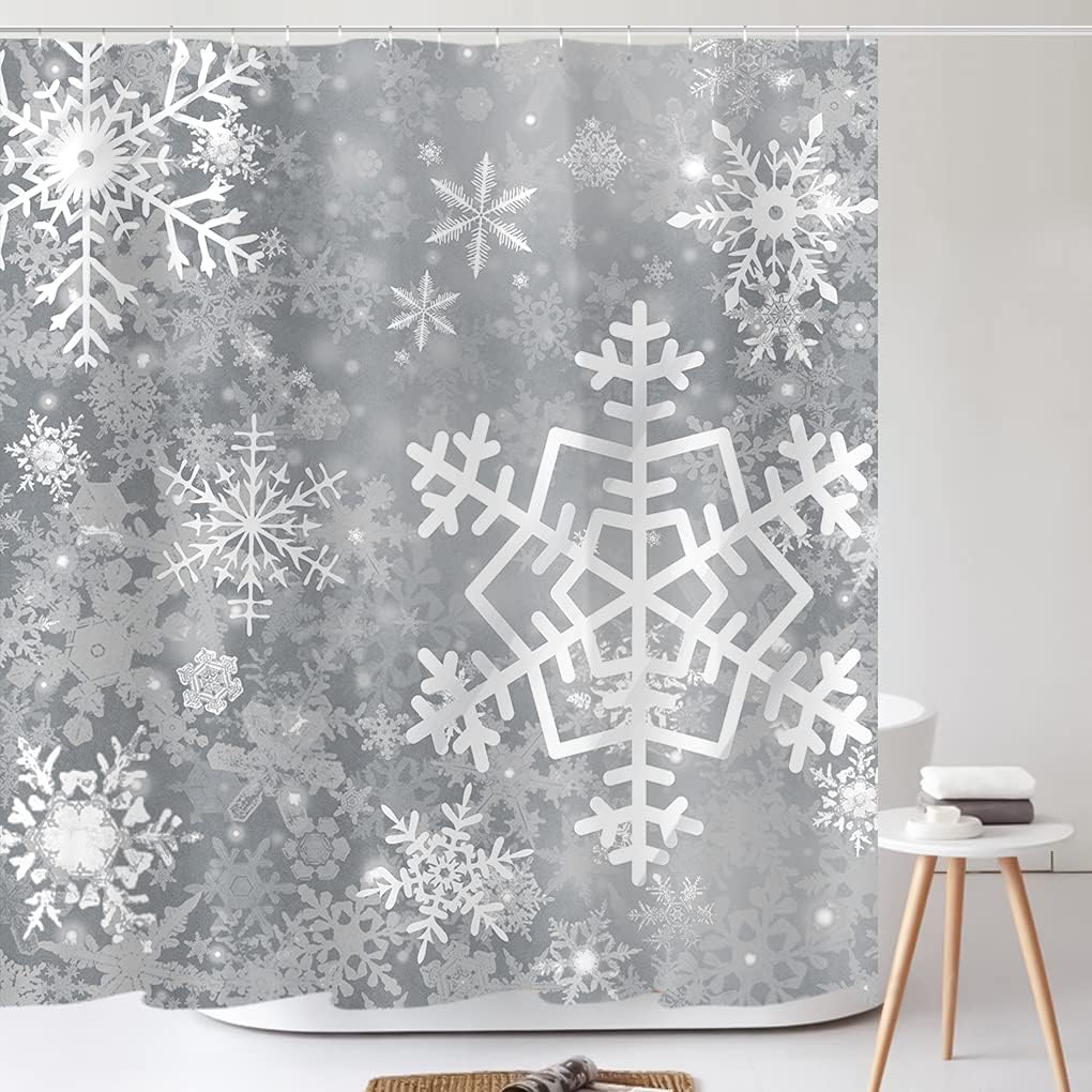Bring Some Coziness to Your Bathroom with Merry Christmas Snowflake Shower Curtain in Grey