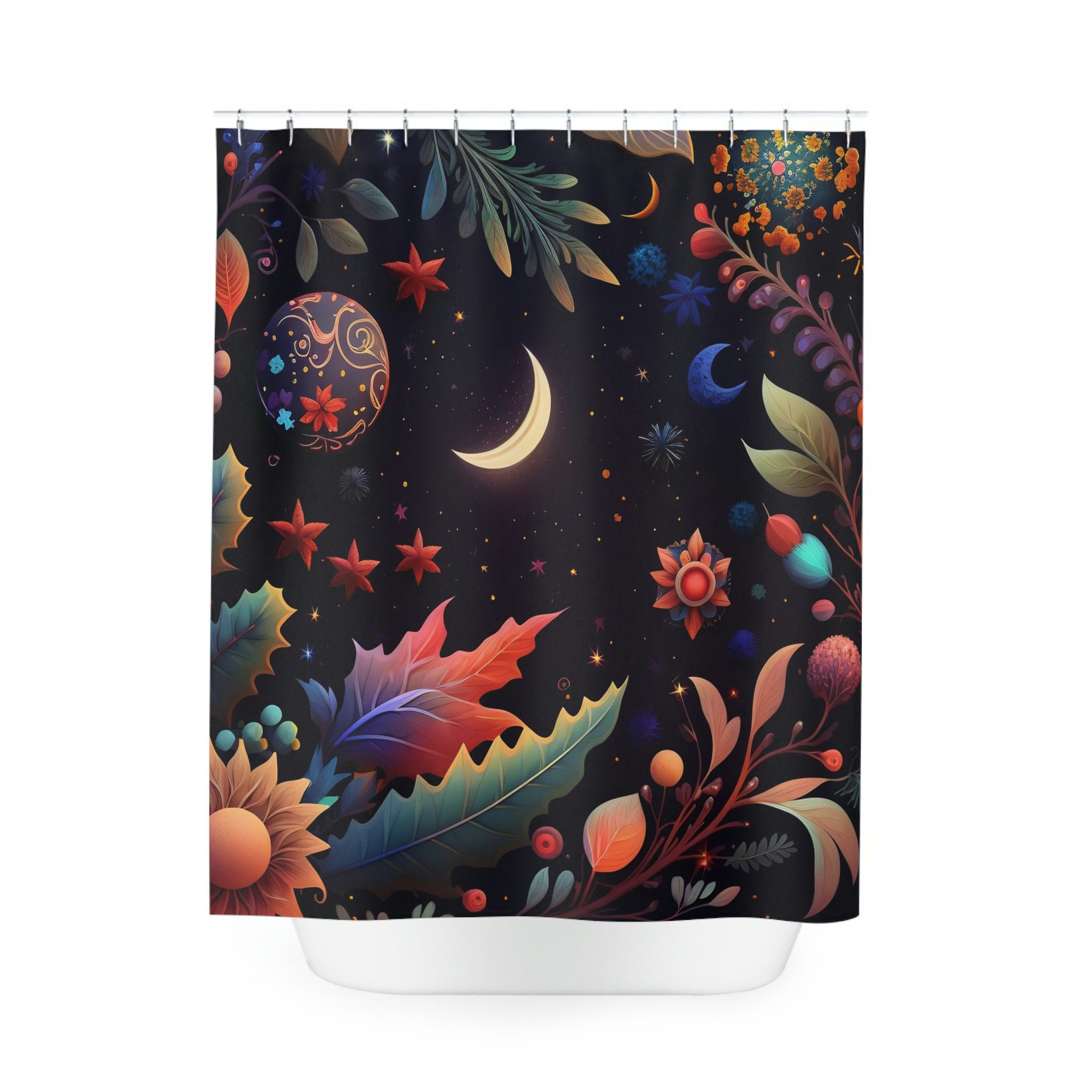 Bring The Night Skies To Your Bathroom With This Floral Moon Phase Shower Curtain