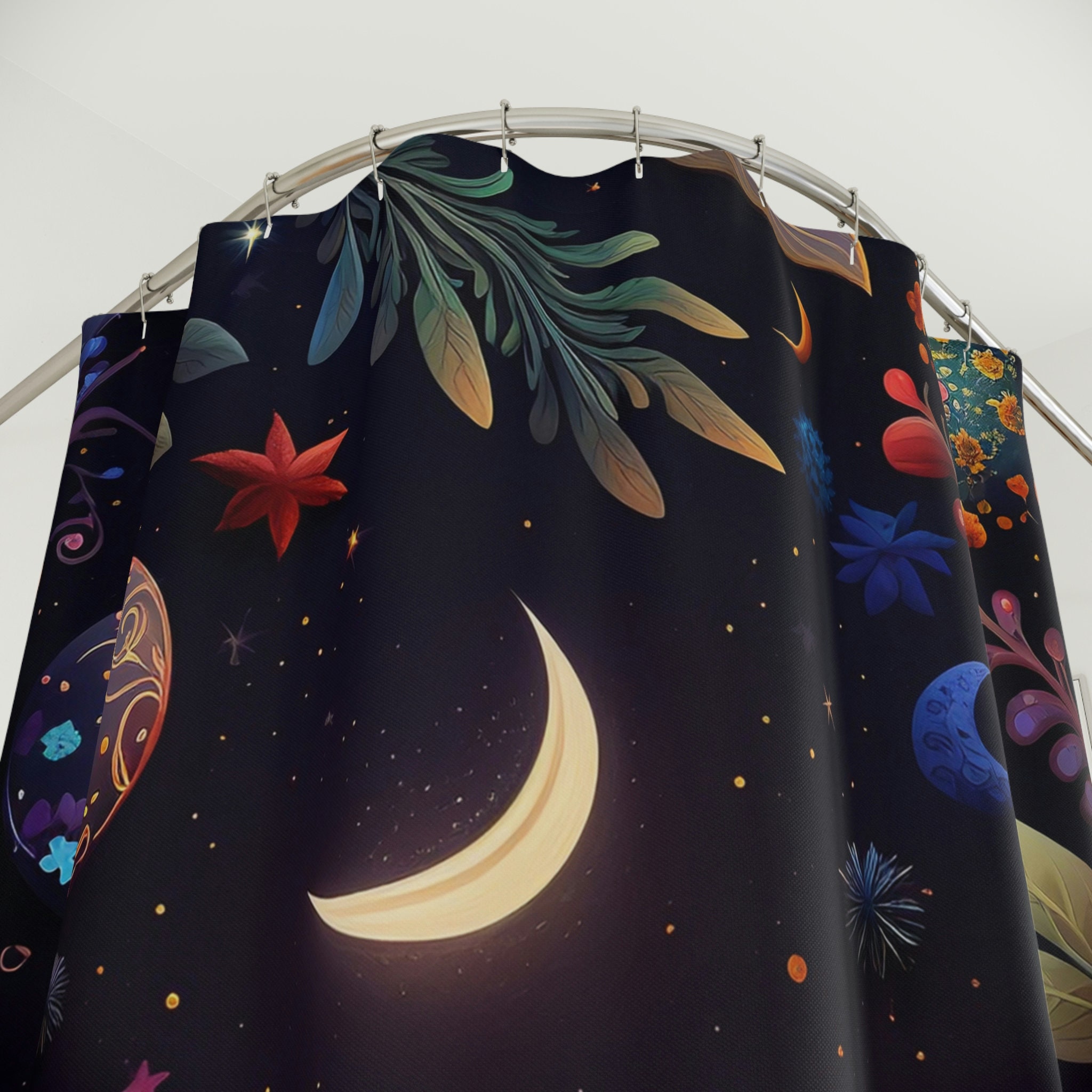 Bring The Night Skies To Your Bathroom With This Floral Moon Phase Shower Curtain