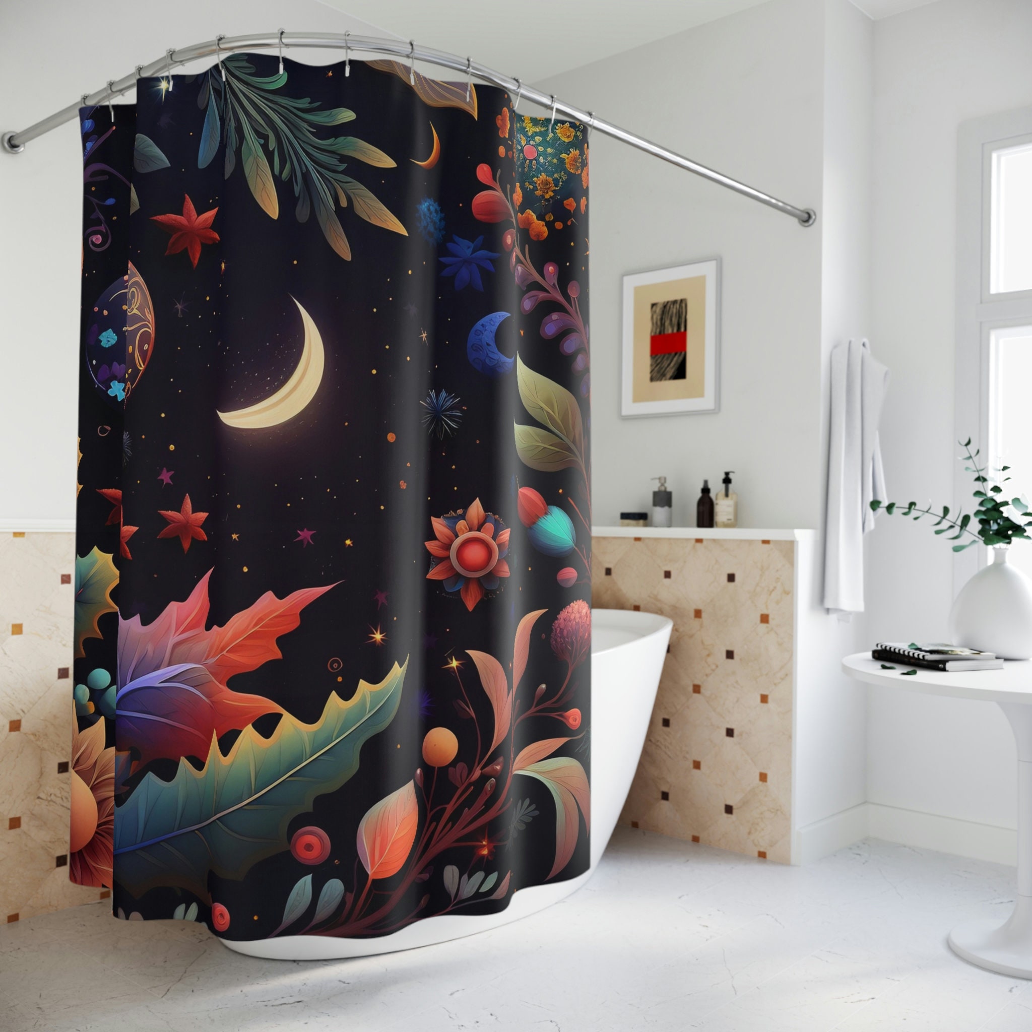 Bring The Night Skies To Your Bathroom With This Floral Moon Phase Shower Curtain