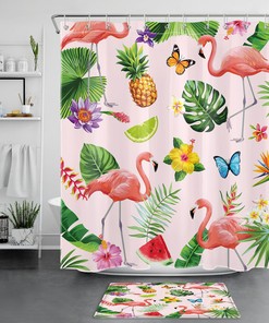 Bring The Tropics To Your Bathroom With A Floral Flamingo And Plant Shower Curtain