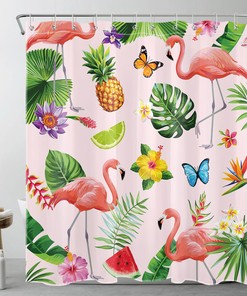 Bring The Tropics To Your Bathroom With A Floral Flamingo And Plant Shower Curtain