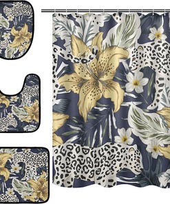 Bring The Tropics To Your Bathroom With Alaza Tropical Leopard Flower Shower Curtain And Mat.