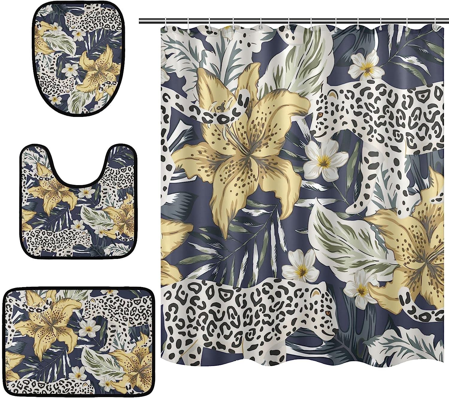 Bring The Tropics To Your Bathroom With Alaza Tropical Leopard Flower Shower Curtain And Mat.