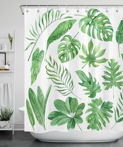Bring a Touch of the Tropics to Your Bathroom with This Palm Leaf and Monstera Shower Curtain