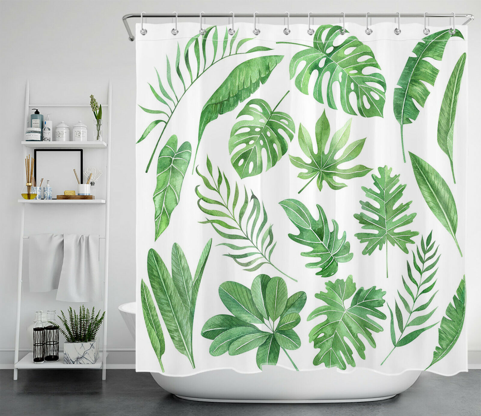 Bring a Touch of the Tropics to Your Bathroom with This Palm Leaf and Monstera Shower Curtain
