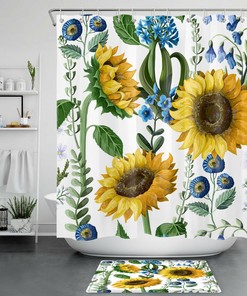 Bring the Outdoors Inside with Watercolor Farm Plant Sunflower Teal Flowers Shower Curtain