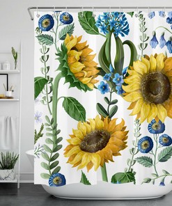 Bring the Outdoors Inside with Watercolor Farm Plant Sunflower Teal Flowers Shower Curtain