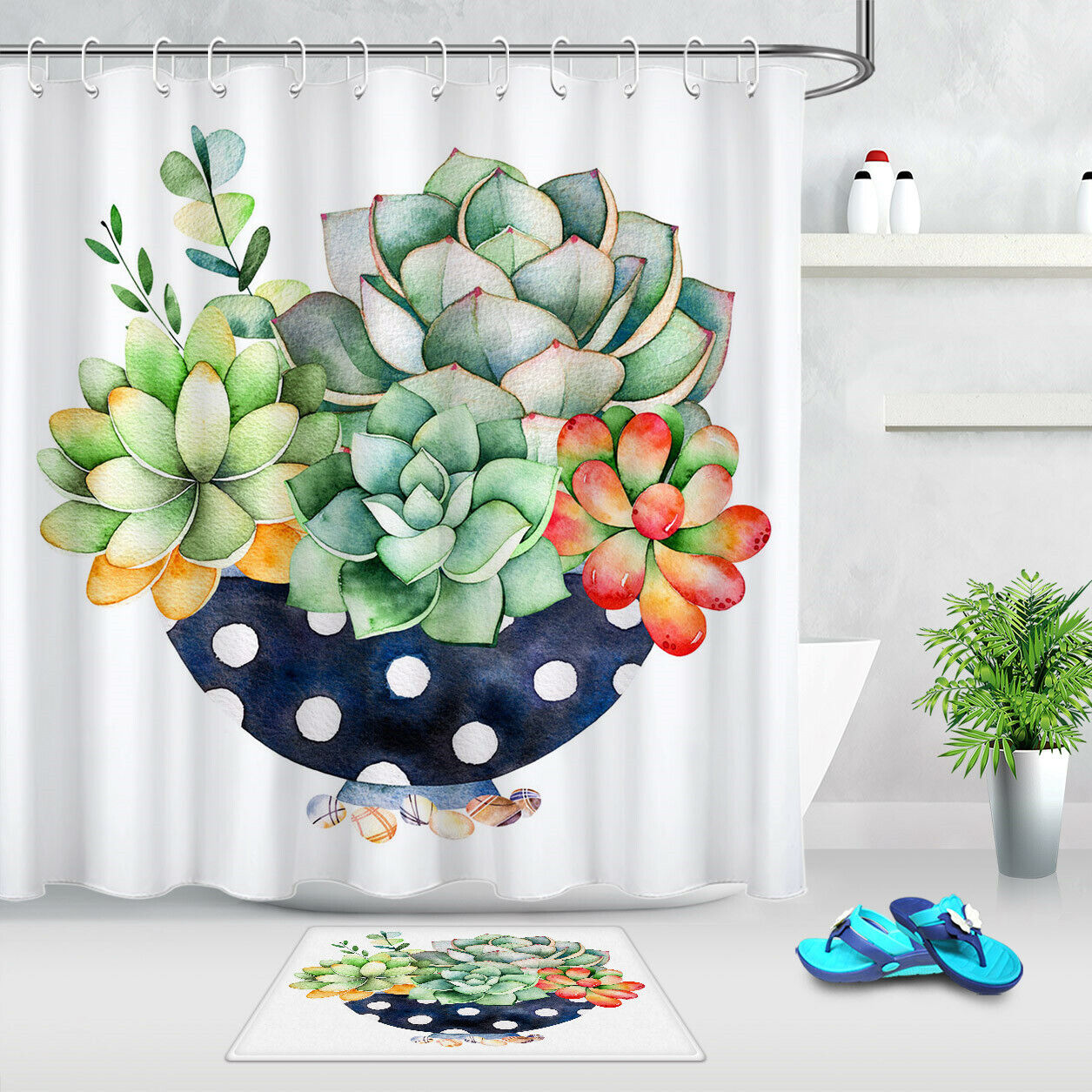 Bring the Outdoors Inside with Watercolor Green Plants Succulents Bathroom Waterproof Fabric Shower Curtain