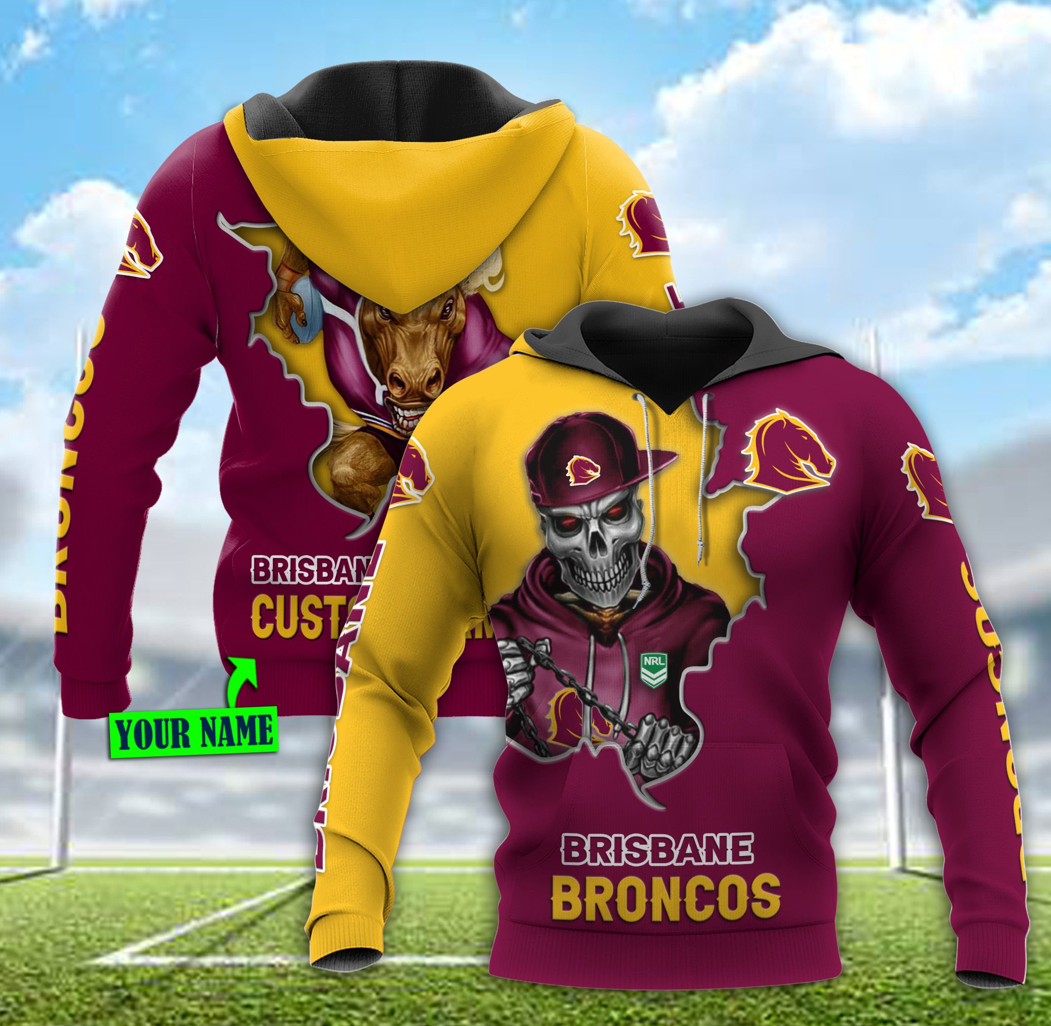 Brisbane Broncos Nrl Mascot Skull Custom All Over Print Hoodie 3D With Name
