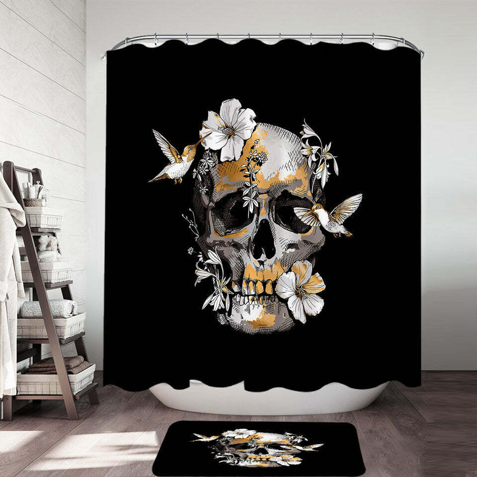 Bronze Skull And Hummingbirds Printed Shower Curtain: Ideal For Gothic-Themed Bathrooms