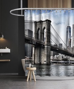 Brooklyn Bridge Cityscape Blue and Grey Shower Curtain for Modern Bathroom Decor